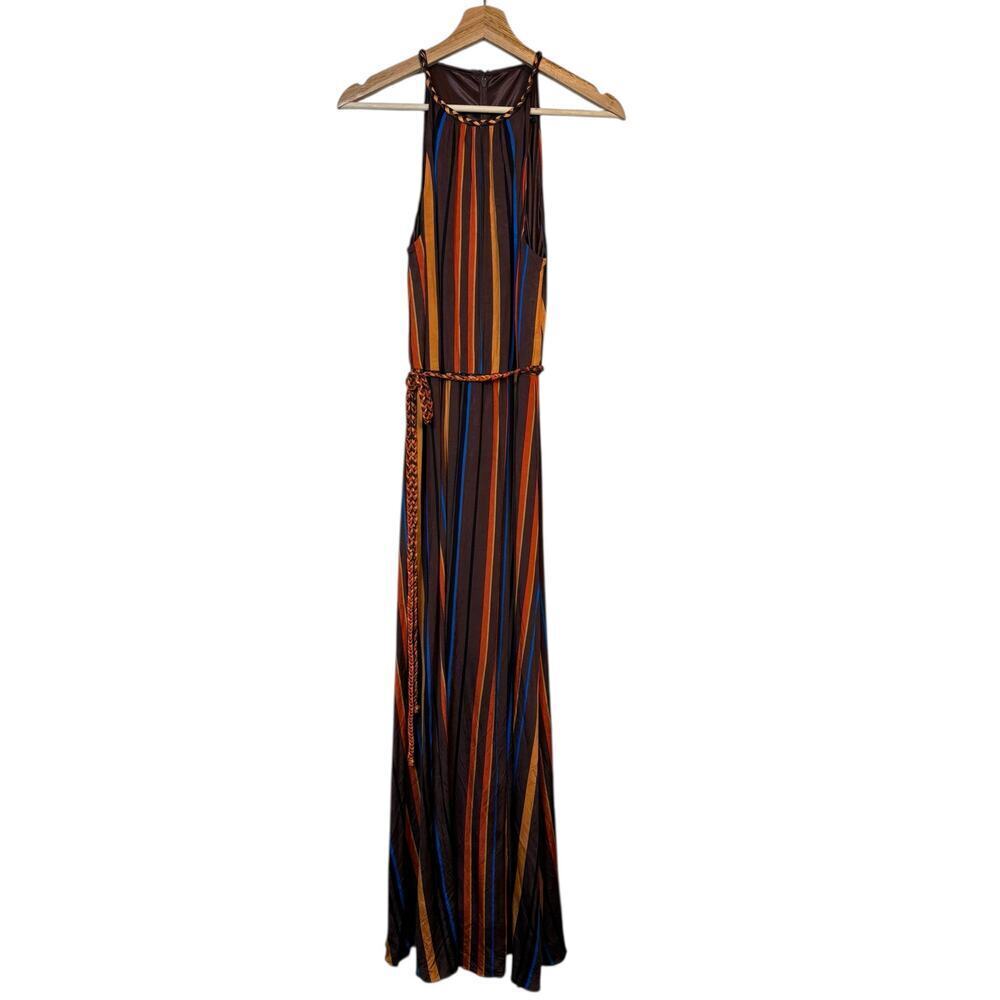 White House Black Market Aline Slinky Halter Maxi Dress Sz 8 Retro Stripe NWT - Picture 2 of 8